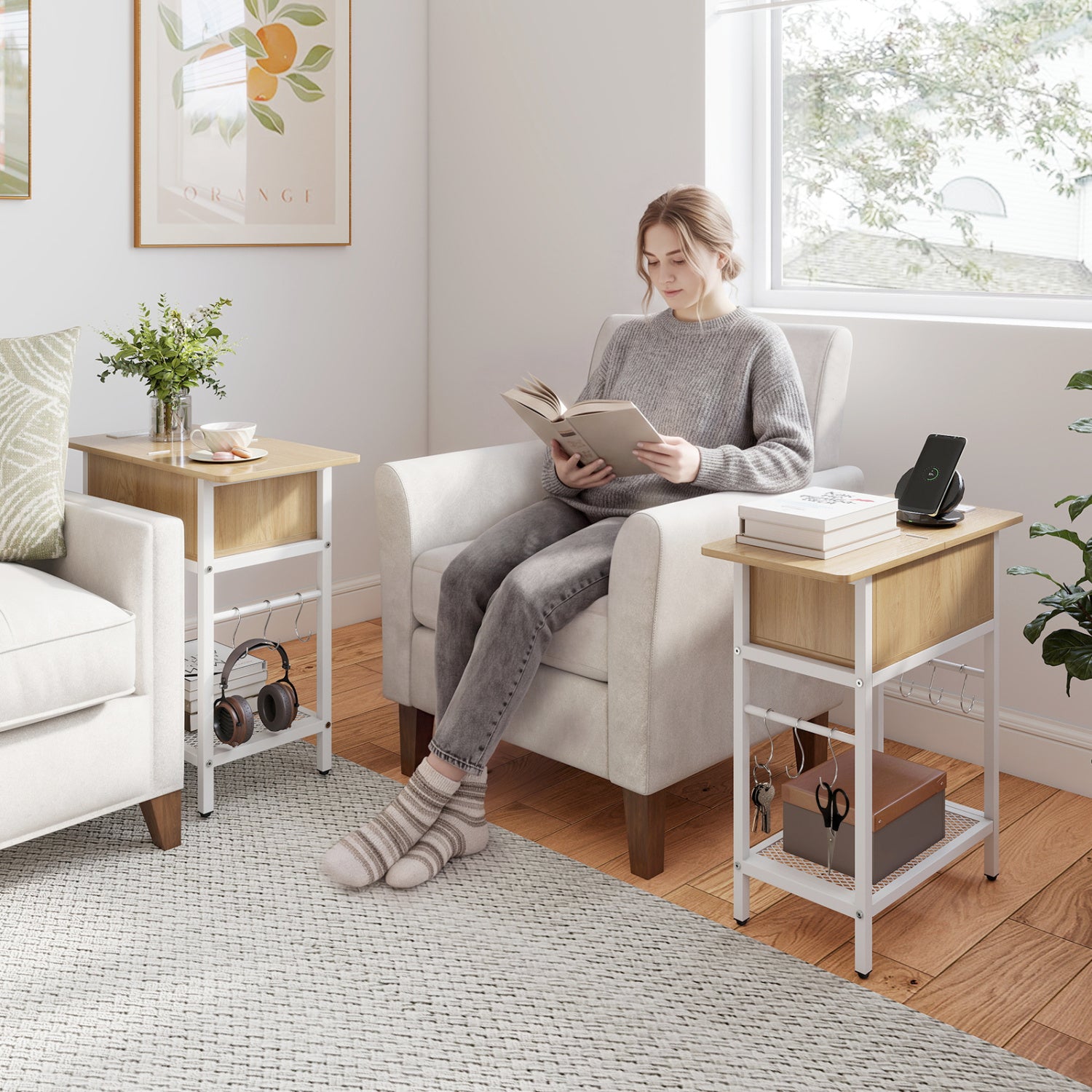 Set of 2 End Table with Charging Station and Hidden Compartment, Natural End & Side Tables at Gallery Canada