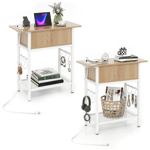 Set of 2 End Table with Charging Station and Hidden Compartment, Natural