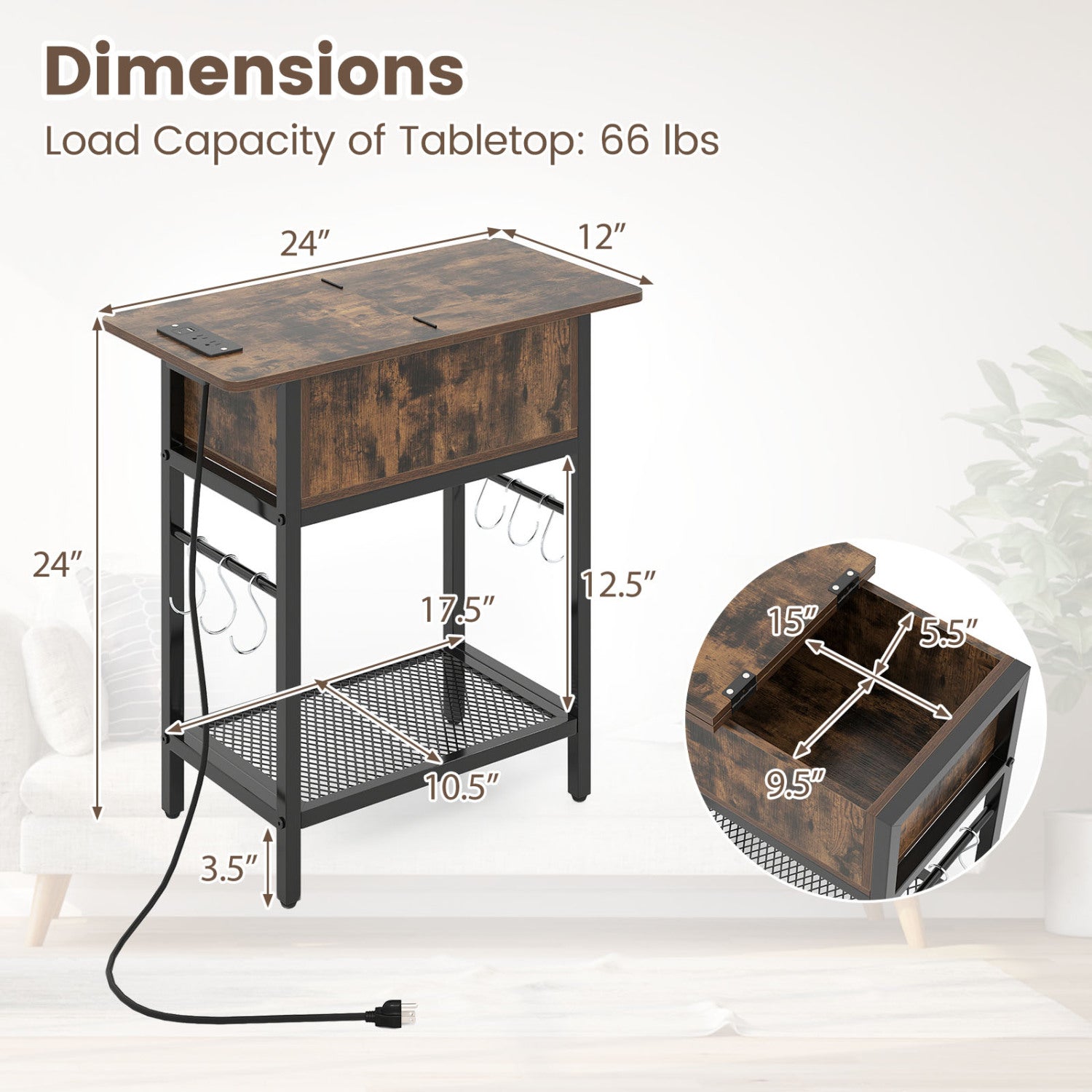 Set of 2 End Table with Charging Station and Hidden Compartment, Rustic Brown End & Side Tables at Gallery Canada