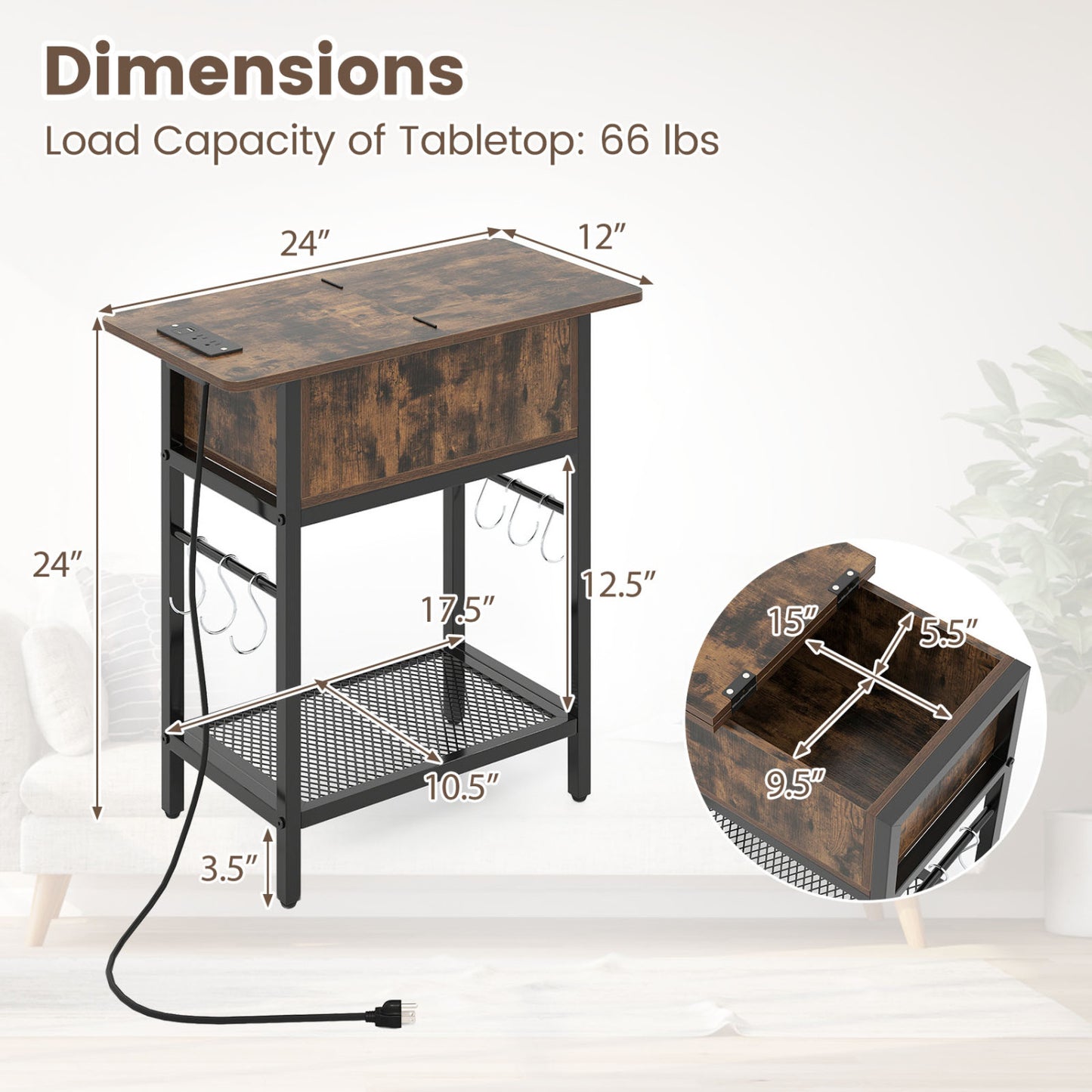 Set of 2 End Table with Charging Station and Hidden Compartment, Rustic Brown End & Side Tables at Gallery Canada