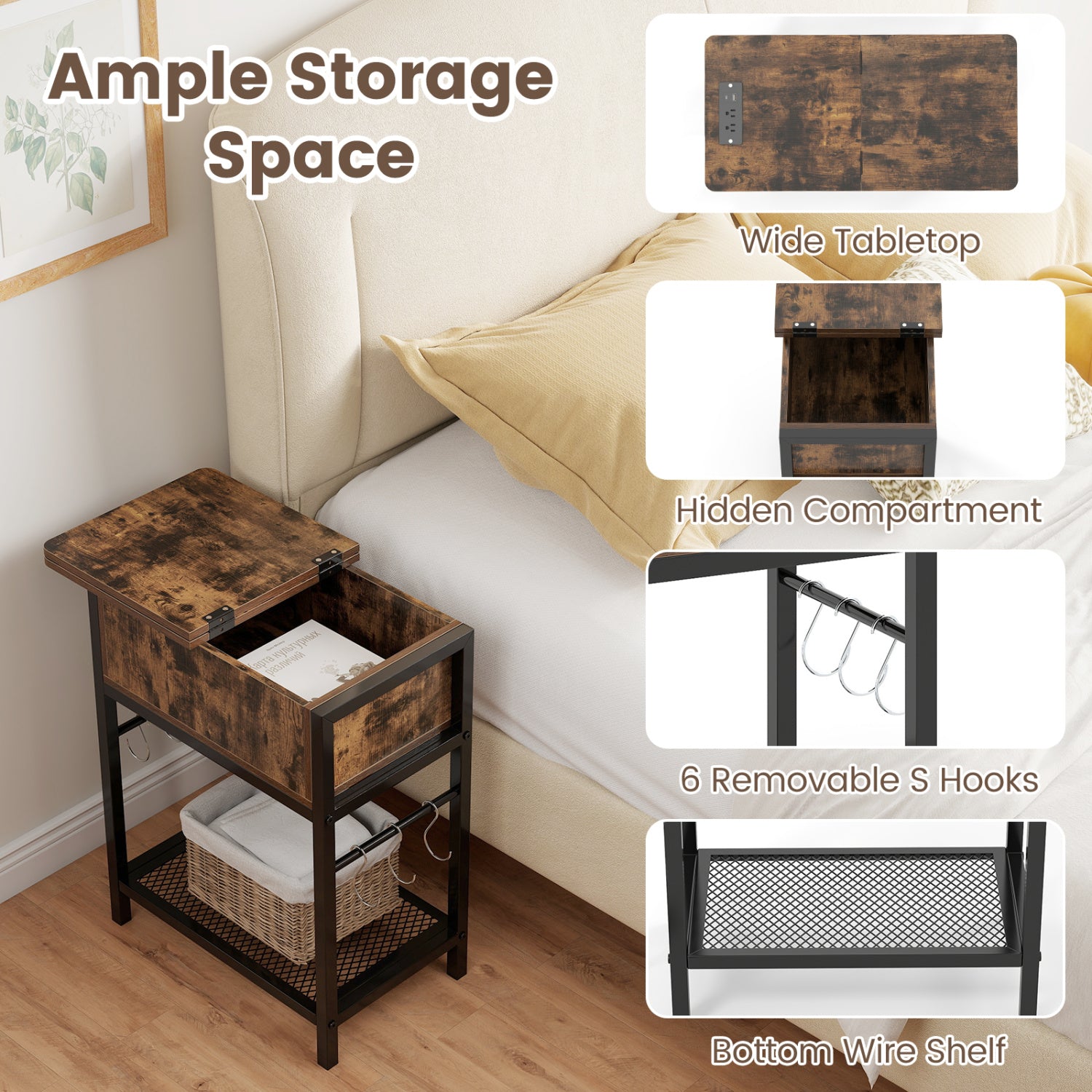 Set of 2 End Table with Charging Station and Hidden Compartment, Rustic Brown End & Side Tables at Gallery Canada