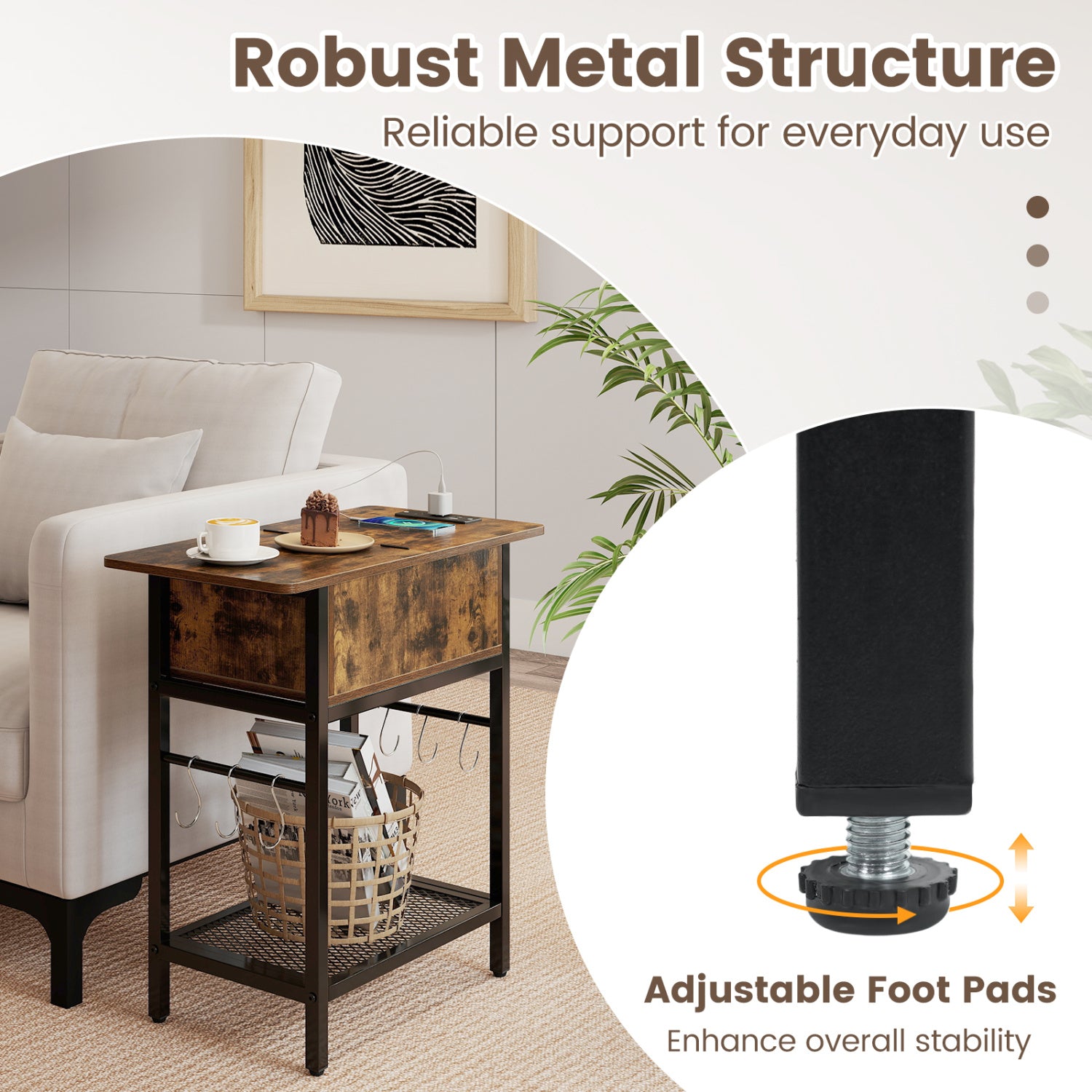 Set of 2 End Table with Charging Station and Hidden Compartment, Rustic Brown End & Side Tables at Gallery Canada