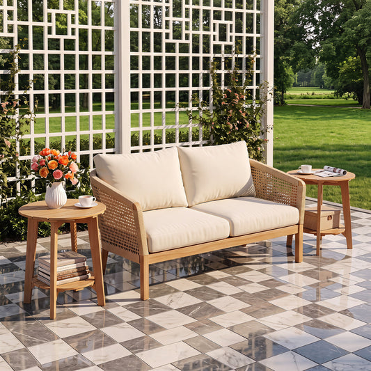 Set of 2 Eucalyptus Wood Side Tables, 2-Tier Patio Coffee Tables Natural at Gallery Canada