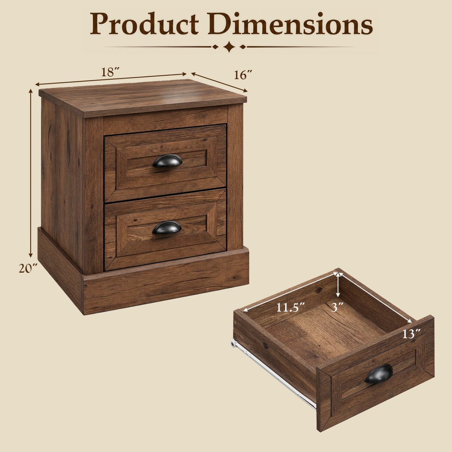 Ensemble de tables de nuit de style ferme, lot de 2, 2 tiroirs, marron