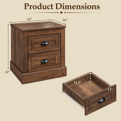 Ensemble de tables de nuit de style ferme, lot de 2, 2 tiroirs, marron