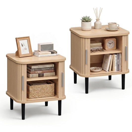 Fluted Nightstand Set of 2, Sliding Doors, Adjustable Shelf, Natural Nightstands Natural at Gallery Canada