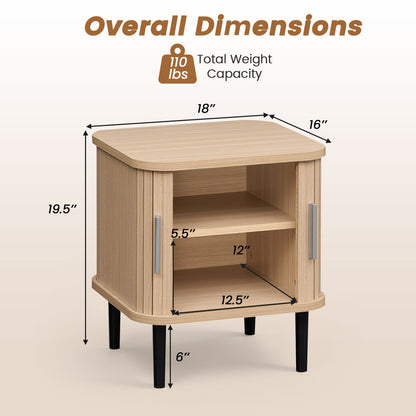 Fluted Nightstand Set of 2, Sliding Doors, Adjustable Shelf, Natural