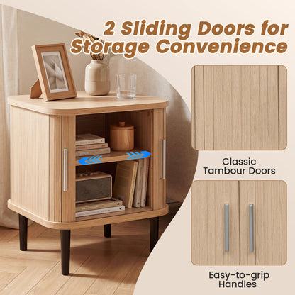 Fluted Nightstand Set of 2, Sliding Doors, Adjustable Shelf, Natural