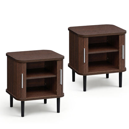 Fluted Nightstand Set of 2, Sliding Doors, Walnut