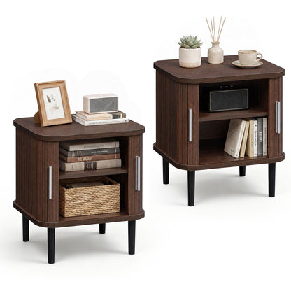 Fluted Nightstand Set of 2, Sliding Doors, Walnut