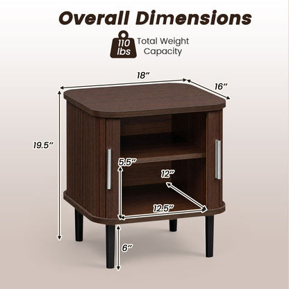 Fluted Nightstand Set of 2, Sliding Doors, Walnut