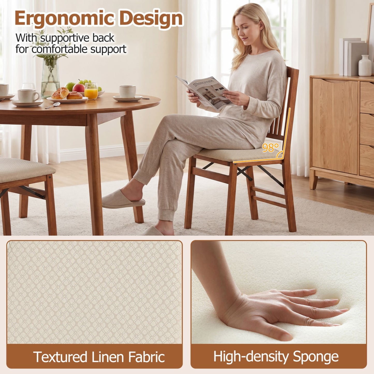 Set Of 2 Foldable Upholstered Kitchen Chairs, Beige Dining Chairs at Gallery Canada