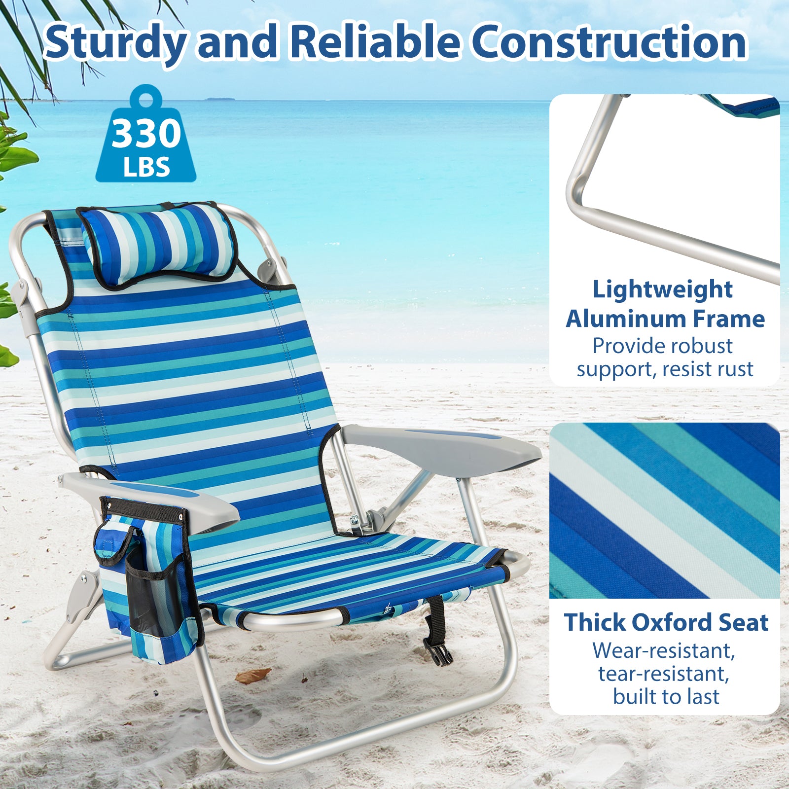 Set of 2 Folding Beach Chair for Adults with 4-Position Adjustable Backrest Beach & Lawn Chairs at Gallery Canada