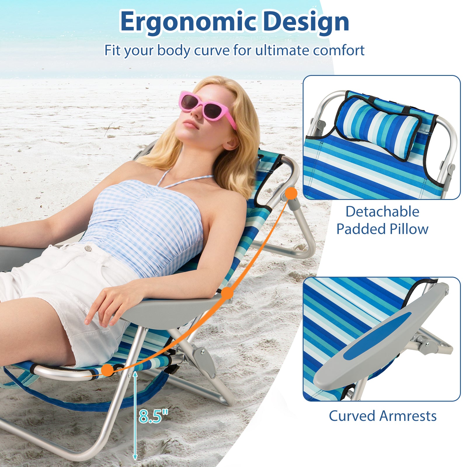 Set of 2 Folding Beach Chair for Adults with 4-Position Adjustable Backrest Beach & Lawn Chairs at Gallery Canada