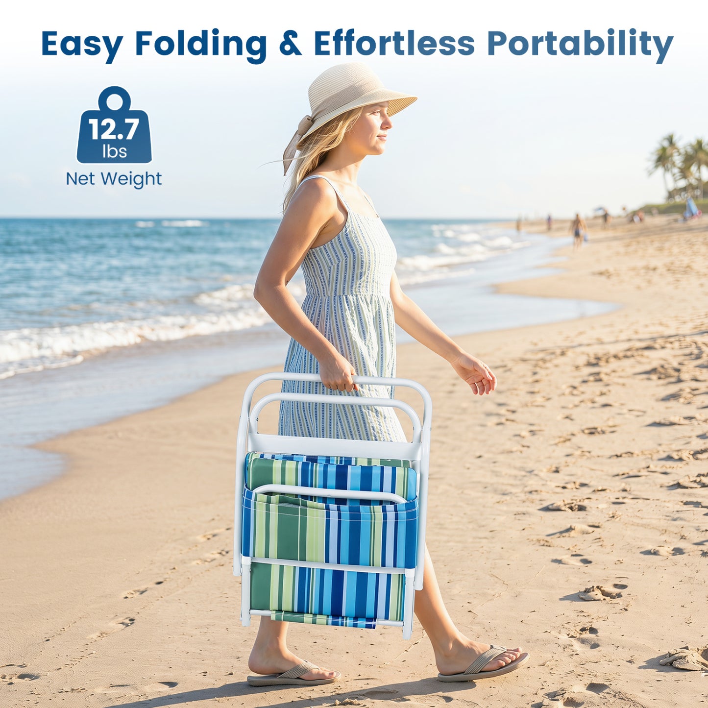 Set of 2 Folding Beach Chairs with Padded Seat, Navy