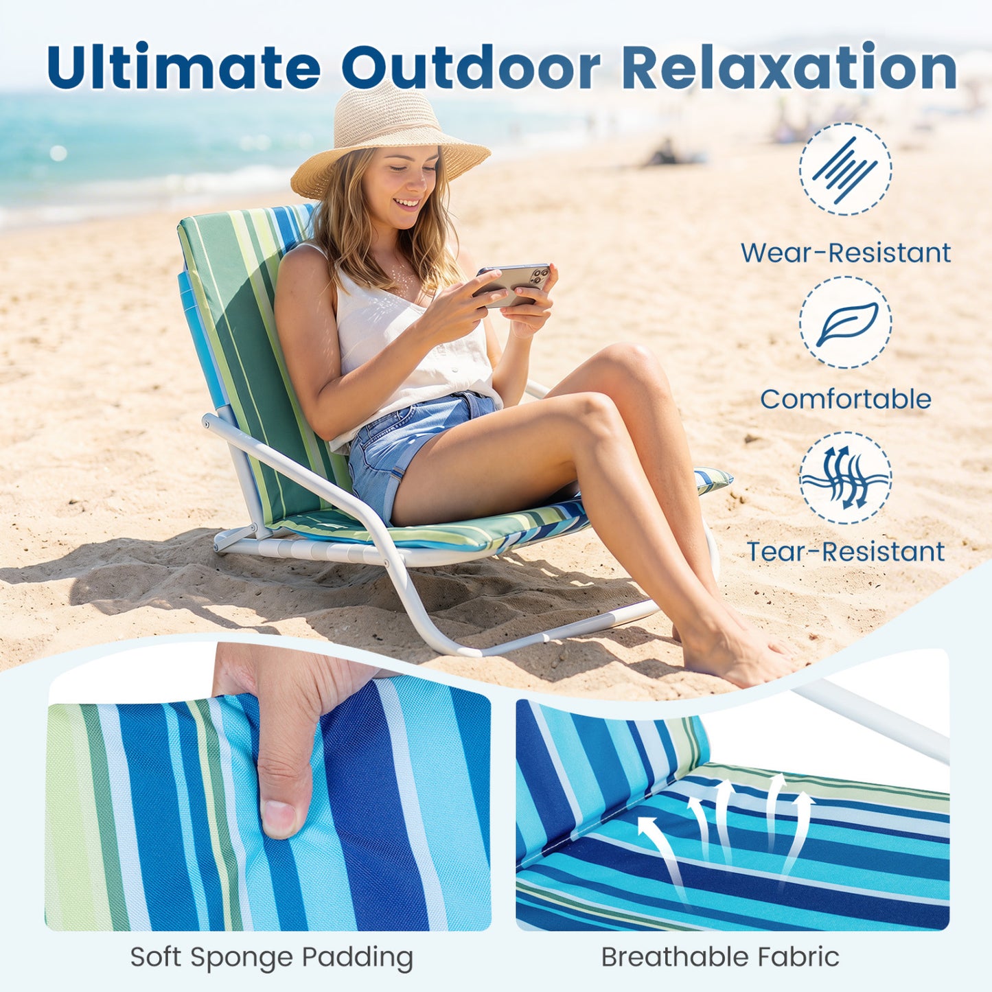 Set of 2 Folding Beach Chairs with Padded Seat, Navy