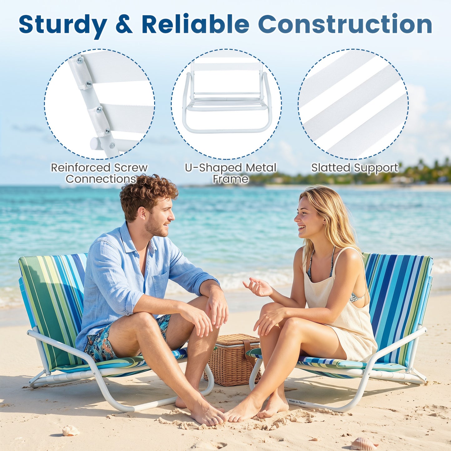 Set of 2 Folding Beach Chairs with Padded Seat, Navy