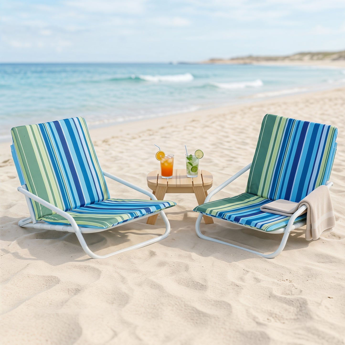 Set of 2 Folding Beach Chairs with Padded Seat, Navy