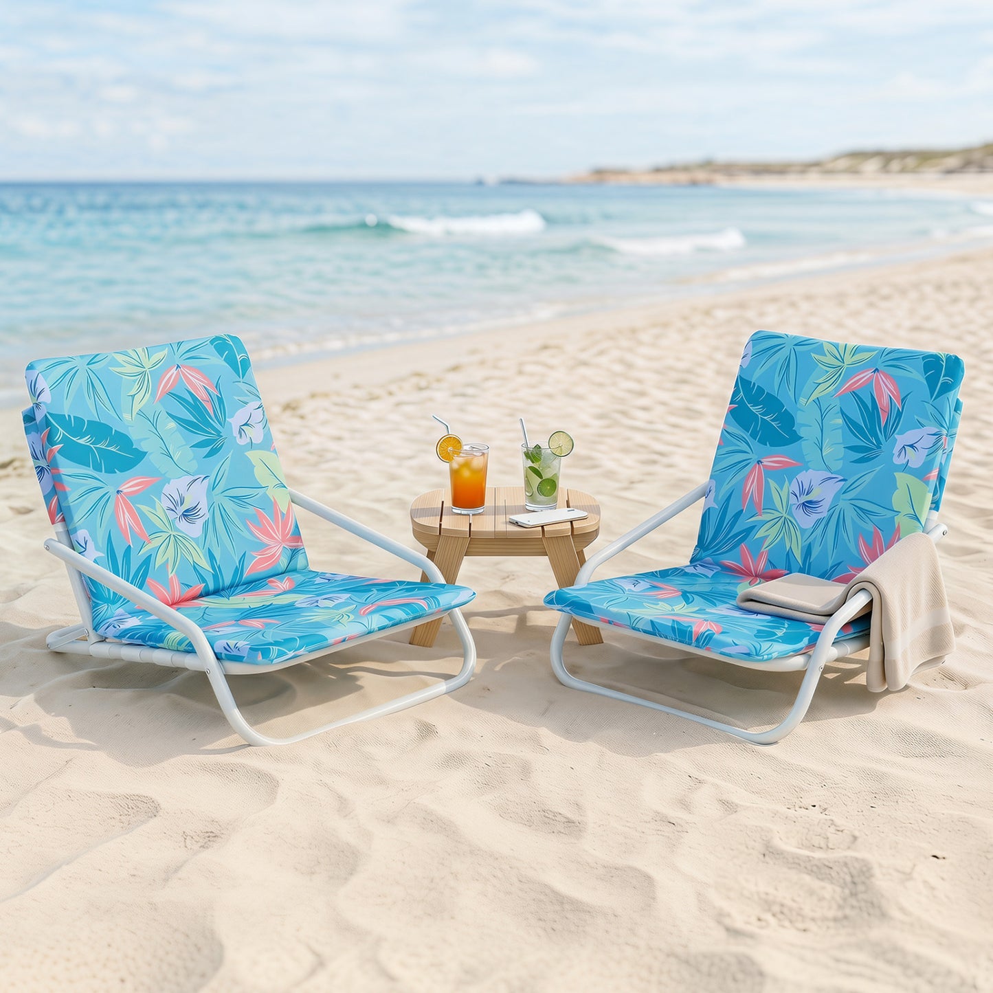 Set Of 2 Folding Beach Chairs, Padded Seat, For Camping