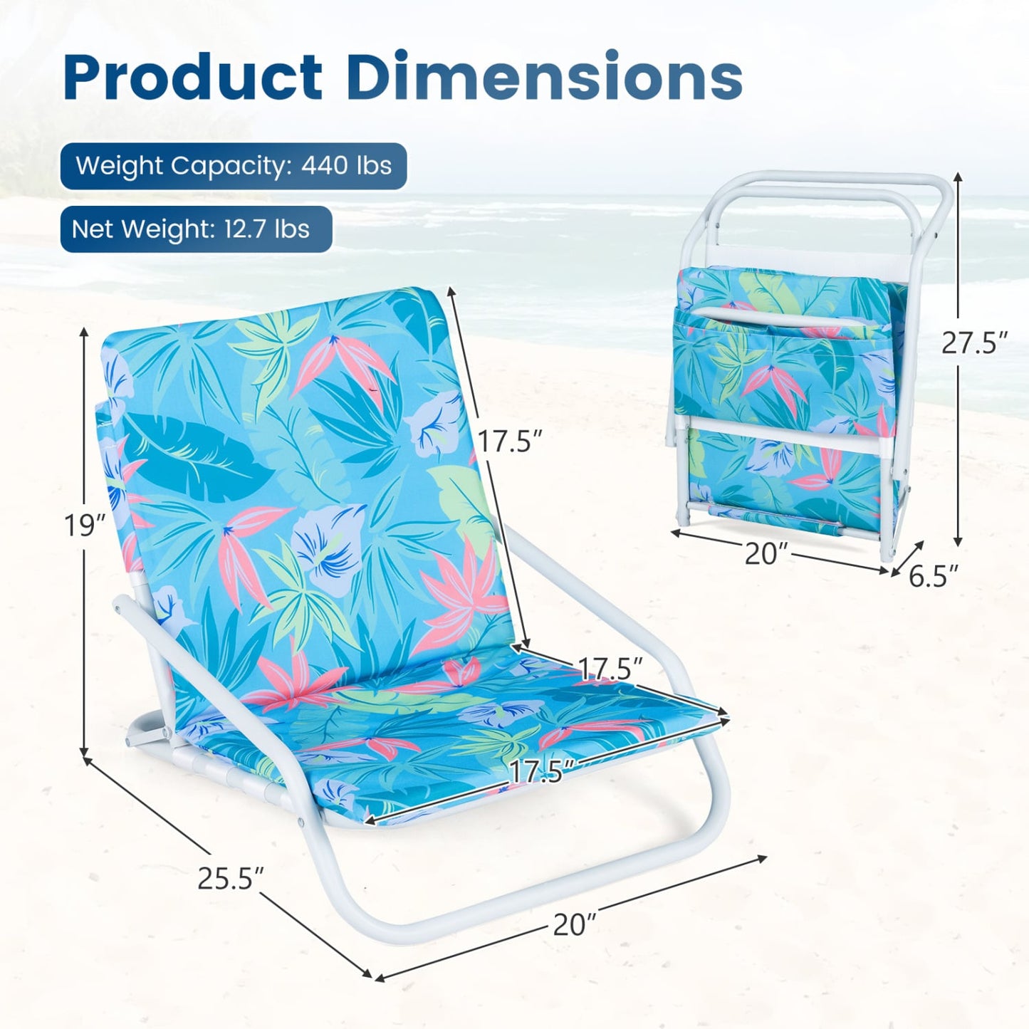 Set Of 2 Folding Beach Chairs, Padded Seat, For Camping