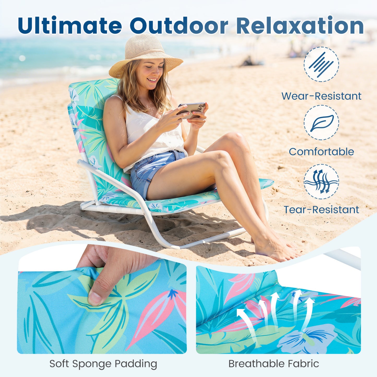 Set Of 2 Folding Beach Chairs, Padded Seat, For Camping
