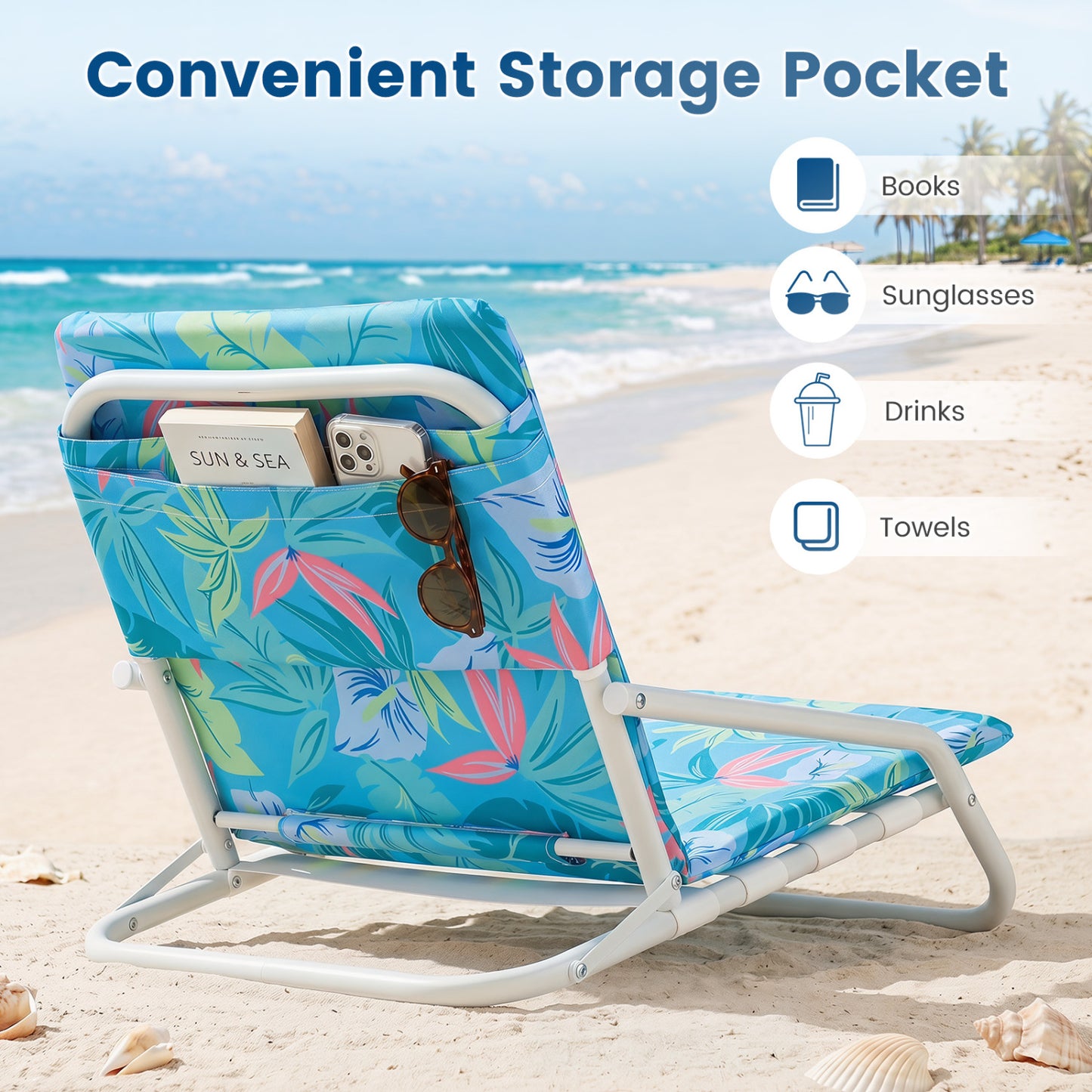 Set Of 2 Folding Beach Chairs, Padded Seat, For Camping