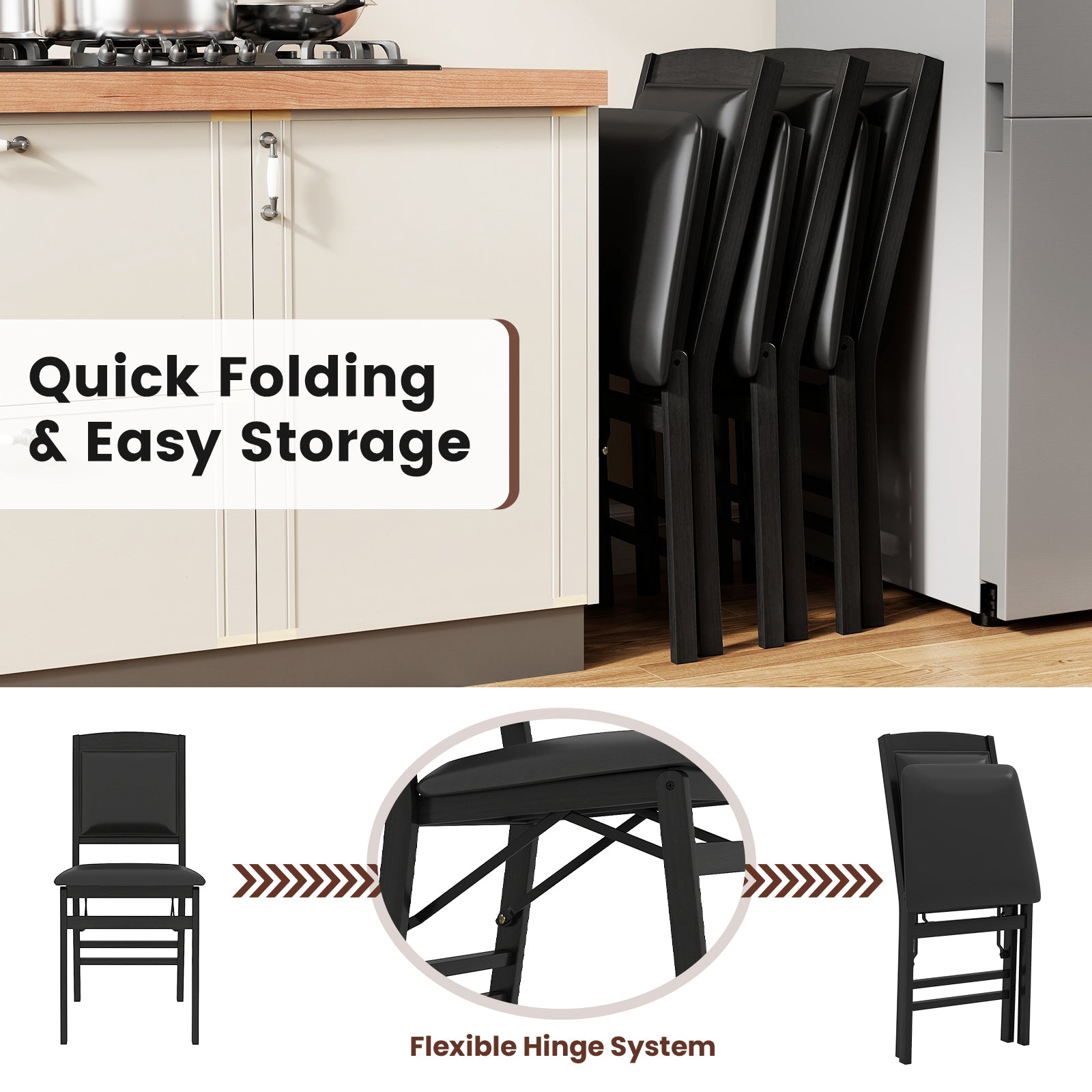 Set Of 2 Folding Dining Chairs, Padded Seat, High Backrest, Black Dining Chairs at Gallery Canada