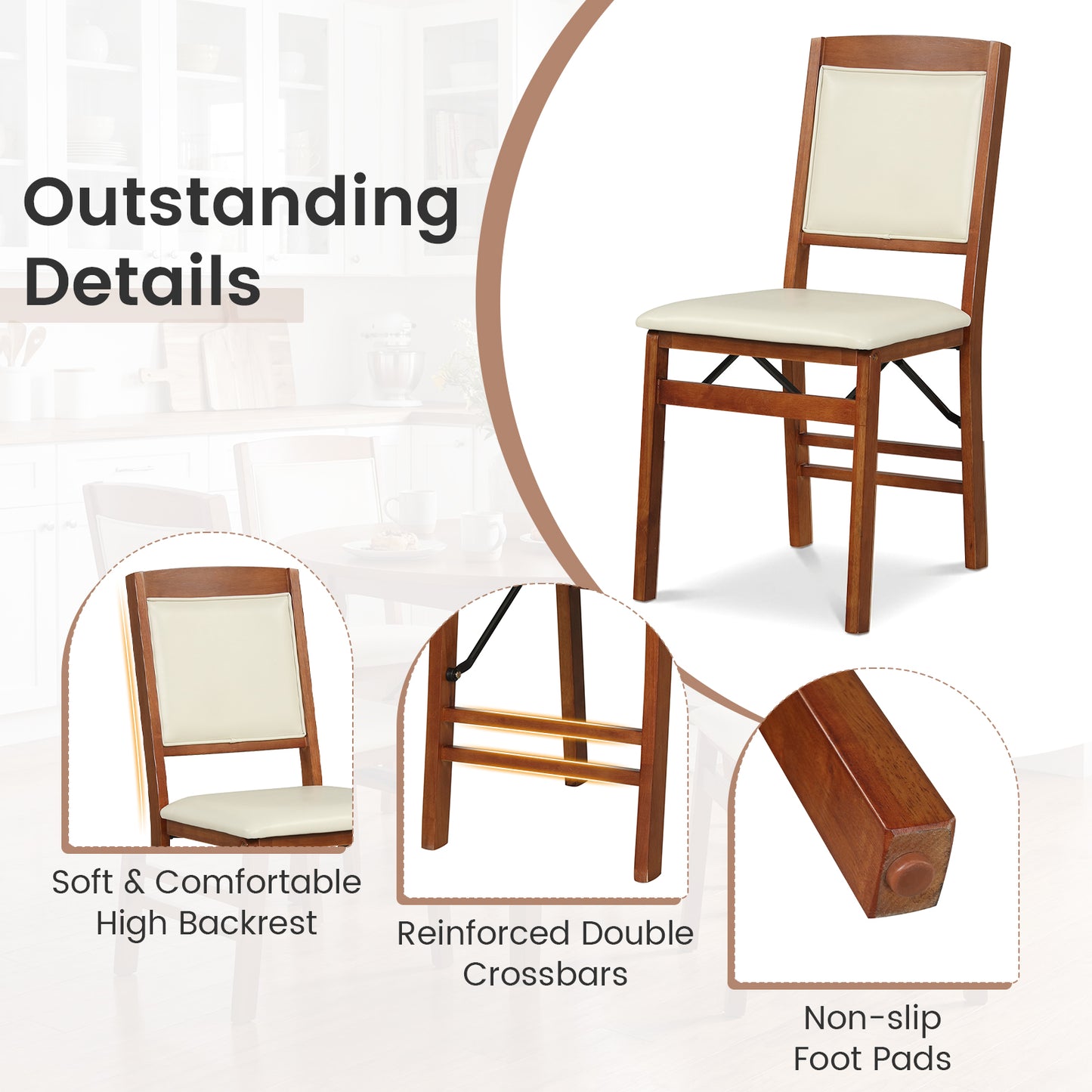 Folding Dining Chairs, Walnut, Set of 2, Padded Seat, High Backrest Dining Chairs at Gallery Canada