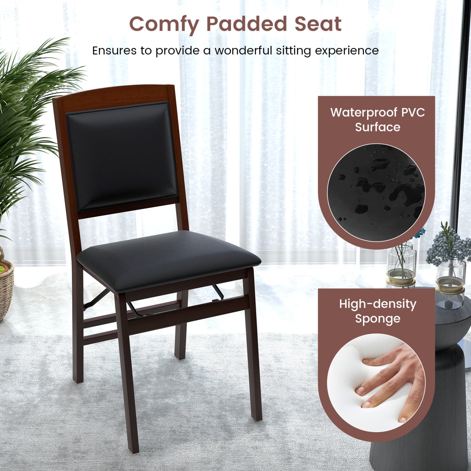 Set Of 2 Folding Dining Chairs, Padded Seat, High Backrest, Brown Dining Chairs at Gallery Canada