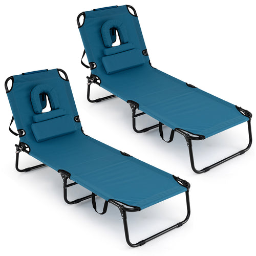 Folding Face Down Tanning Chair, Set of 2, 3 Removable Pillows, Blue