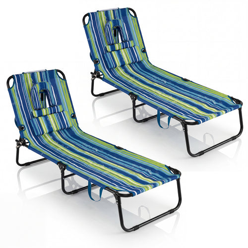 Folding Face Down Tanning Chair, Set of 2, 3 Removable Pillows, Blue and Green