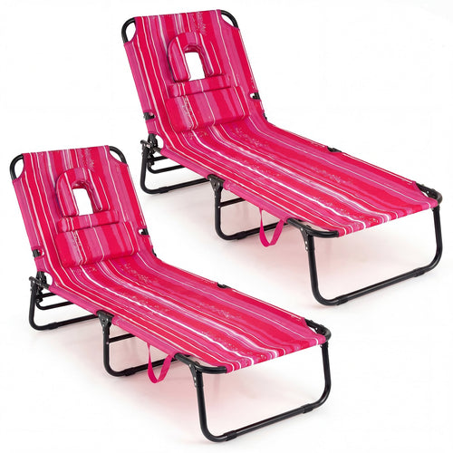 Folding Tanning Chair Set, Face Down With Hole, 3 Removable Pillows, Stripe, Pink