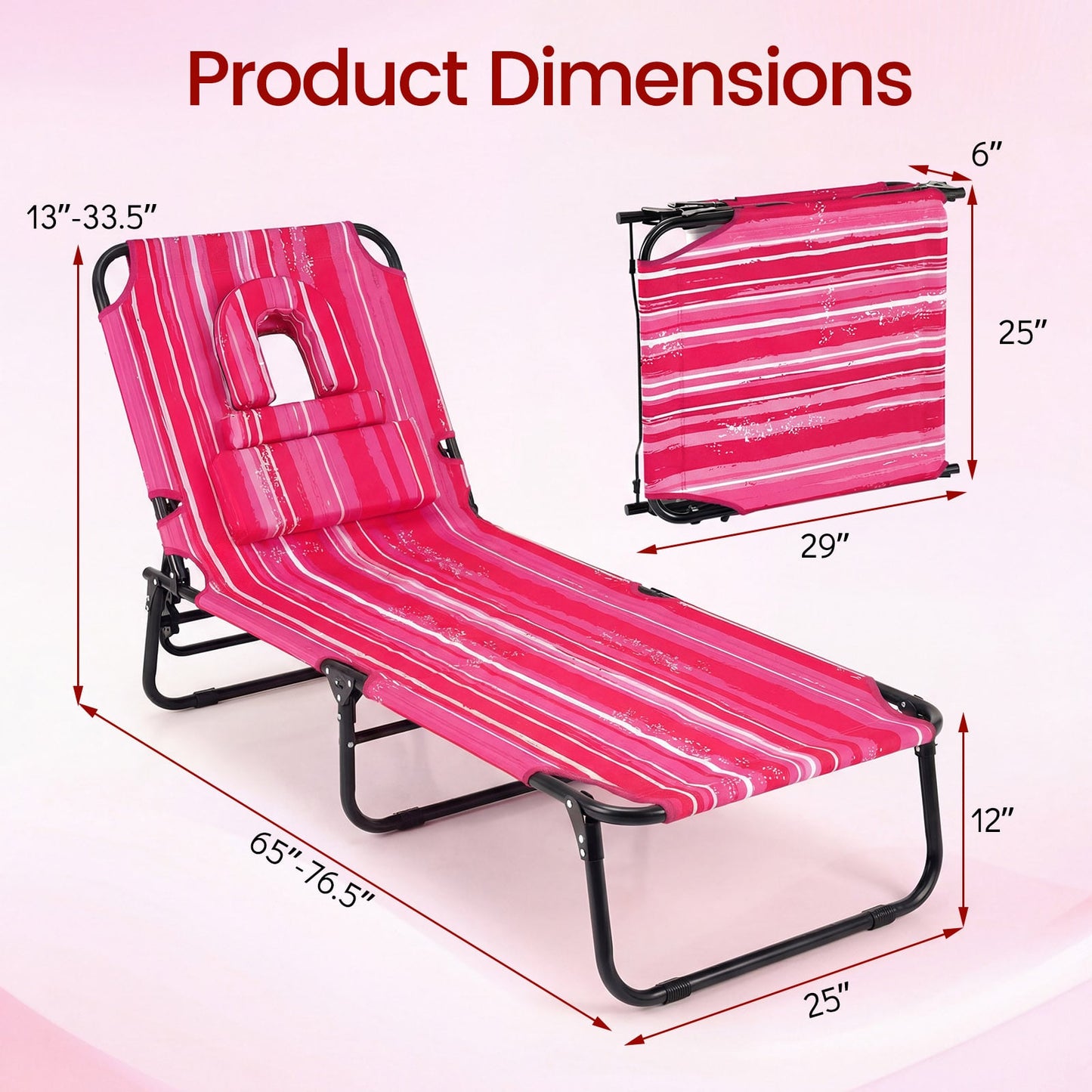 Folding Tanning Chair Set, Face Down With Hole, 3 Removable Pillows, Stripe, Pink Beach & Lawn Chairs at Gallery Canada