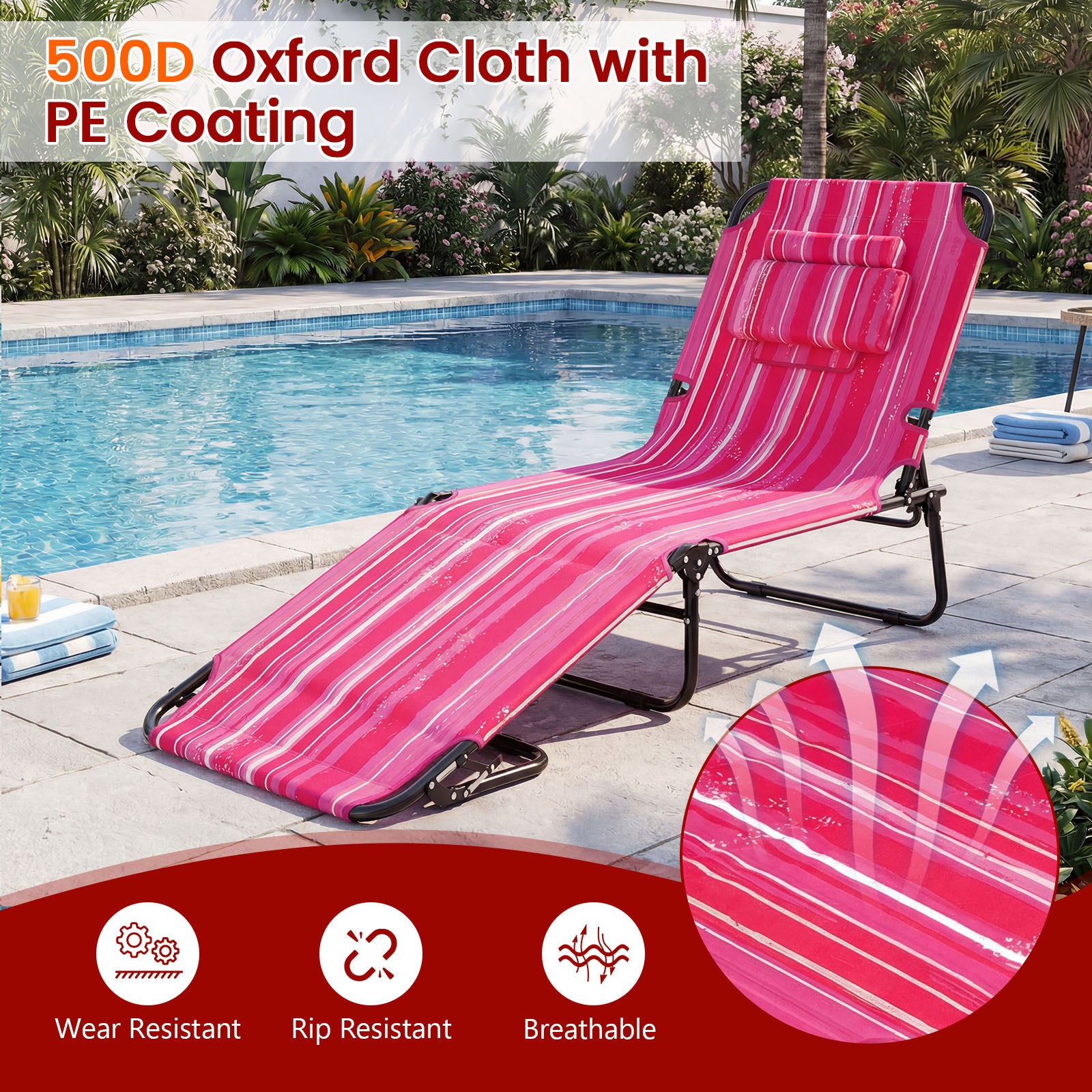Folding Tanning Chair Set, Face Down With Hole, 3 Removable Pillows, Stripe, Pink Beach & Lawn Chairs at Gallery Canada