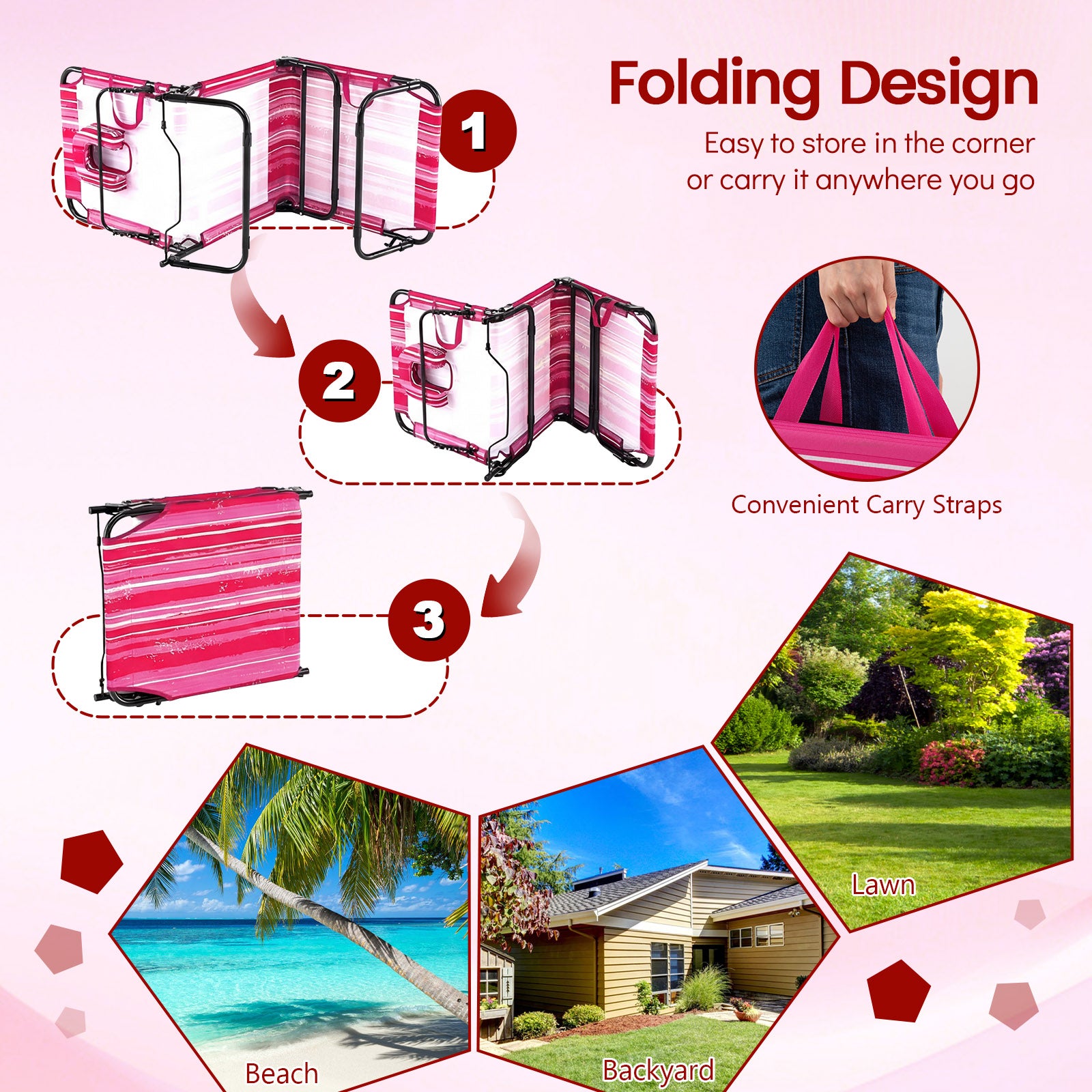 Folding Tanning Chair Set, Face Down With Hole, 3 Removable Pillows, Stripe, Pink Beach & Lawn Chairs at Gallery Canada