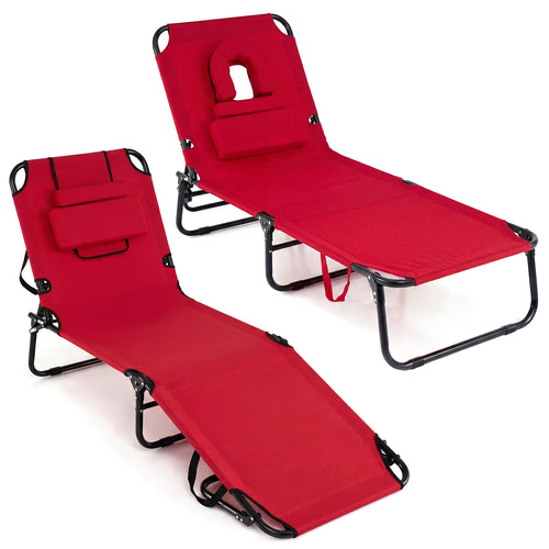 Folding Face Down Tanning Chair, Set of 2, 3 Removable Pillows, Red