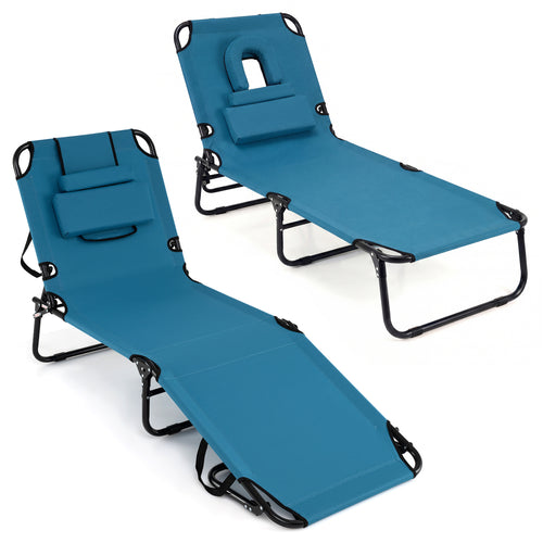 Folding Face Down Tanning Chair, Set of 2, 3 Removable Pillows, Blue