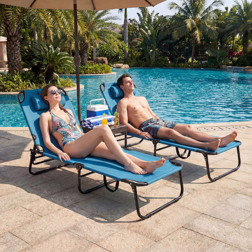 Folding Face Down Tanning Chair, Set of 2, 3 Removable Pillows, Blue