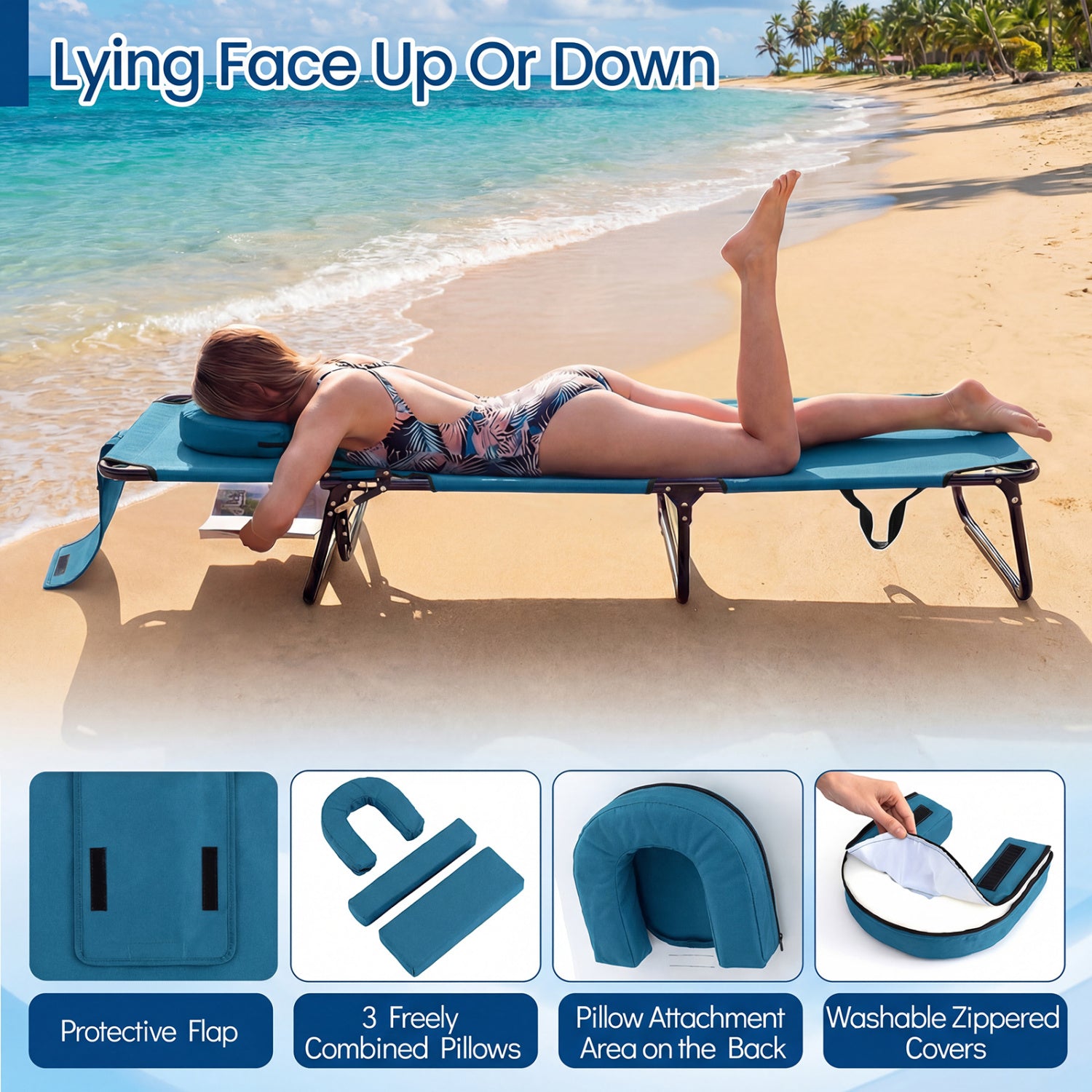 Folding Face Down Tanning Chair, Set of 2, 3 Removable Pillows, Blue Beach & Lawn Chairs at Gallery Canada
