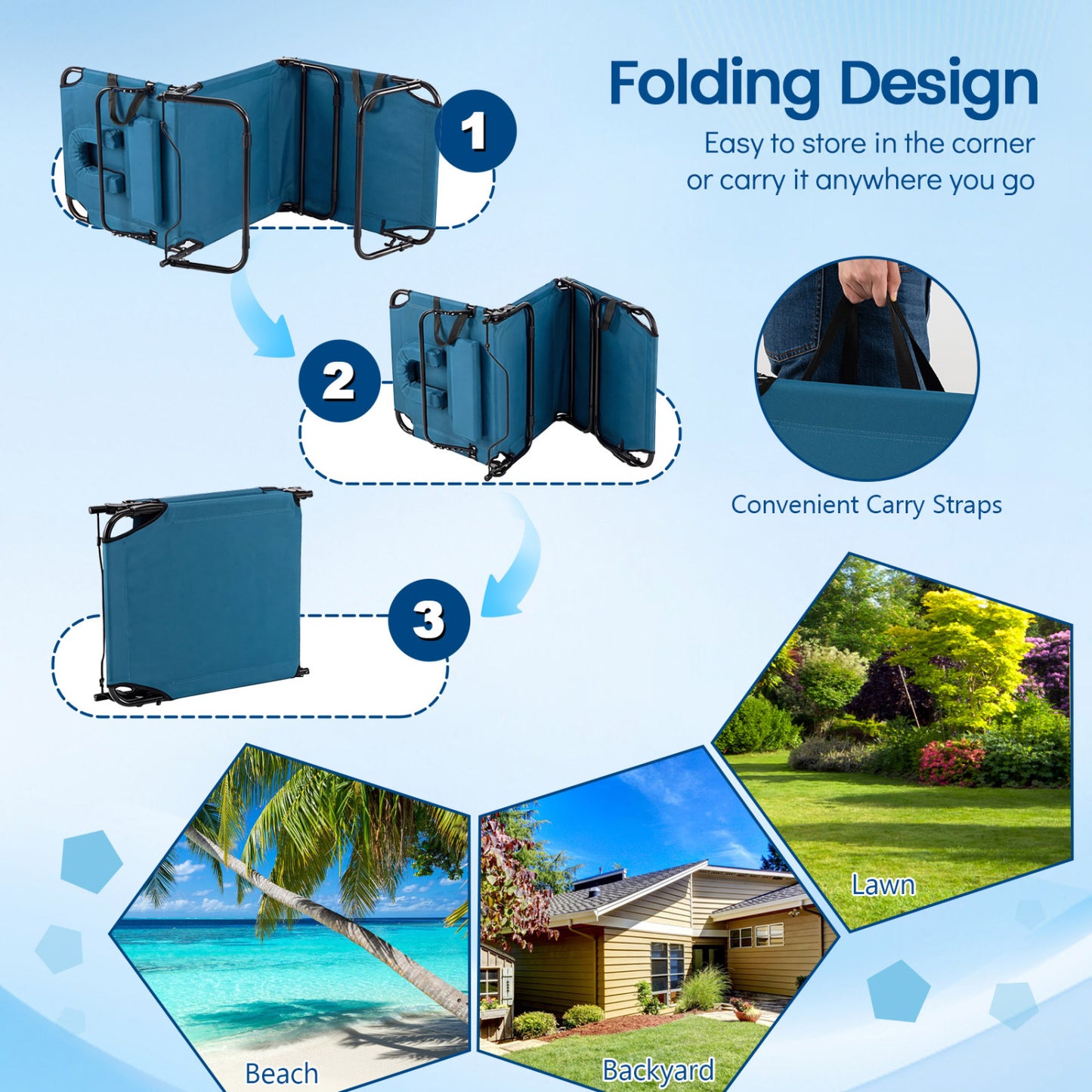 Folding Face Down Tanning Chair, Set of 2, 3 Removable Pillows, Blue Beach & Lawn Chairs at Gallery Canada