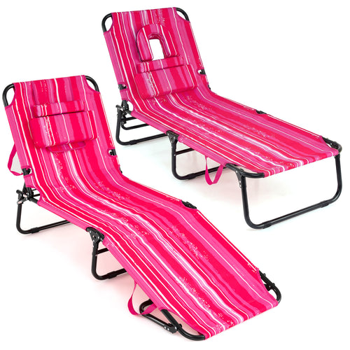 Folding Tanning Chair Set, Face Down With Hole, 3 Removable Pillows, Stripe, Pink