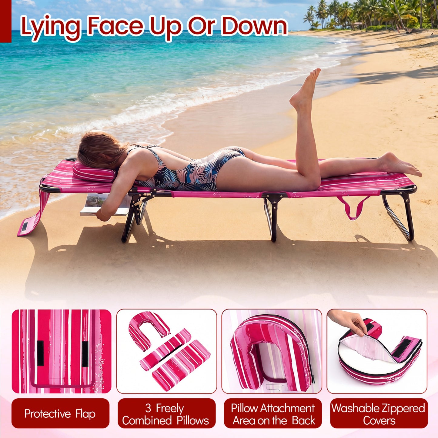 Folding Tanning Chair Set, Face Down With Hole, 3 Removable Pillows, Stripe, Pink Beach & Lawn Chairs at Gallery Canada