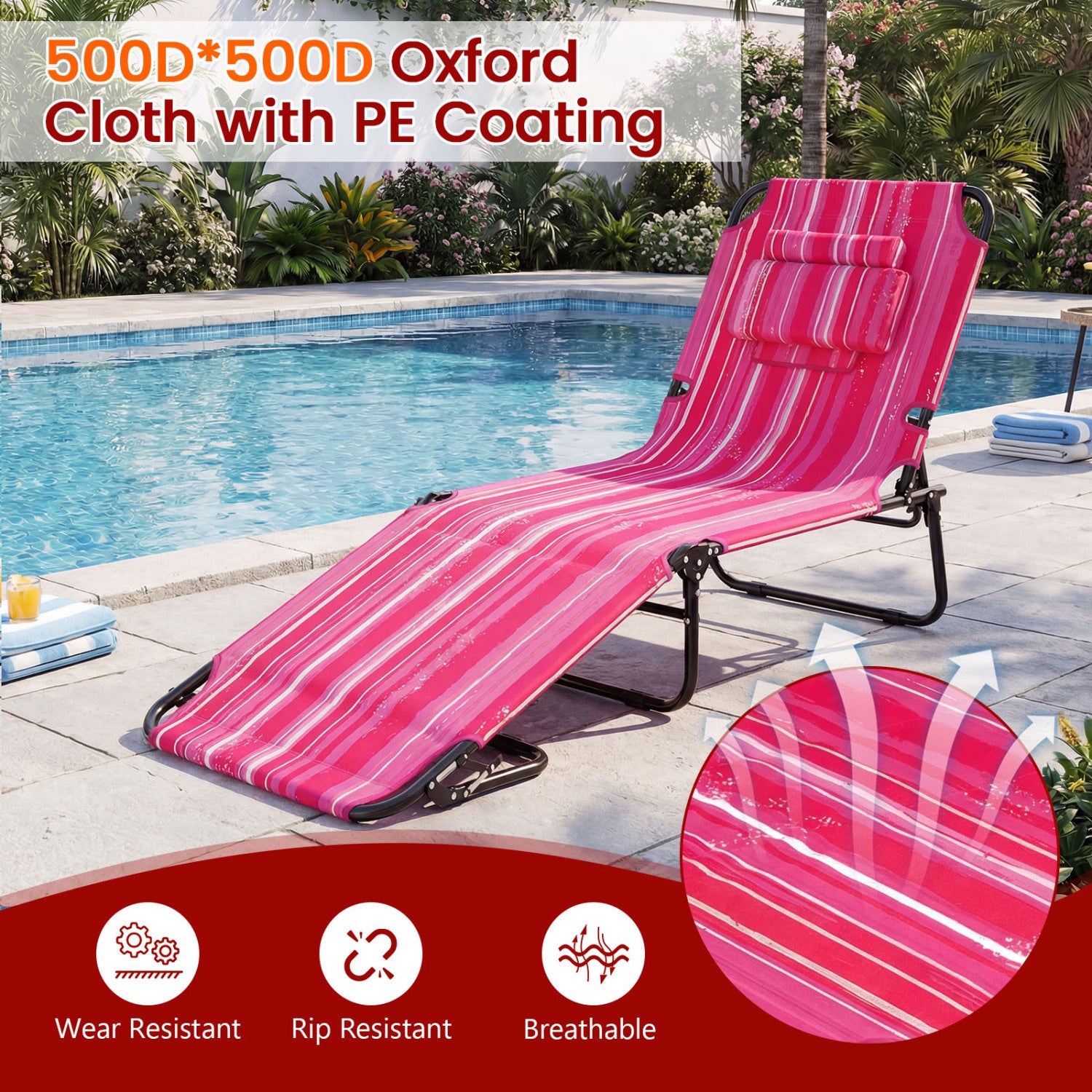 Folding Tanning Chair Set, Face Down With Hole, 3 Removable Pillows, Stripe, Pink Beach & Lawn Chairs at Gallery Canada