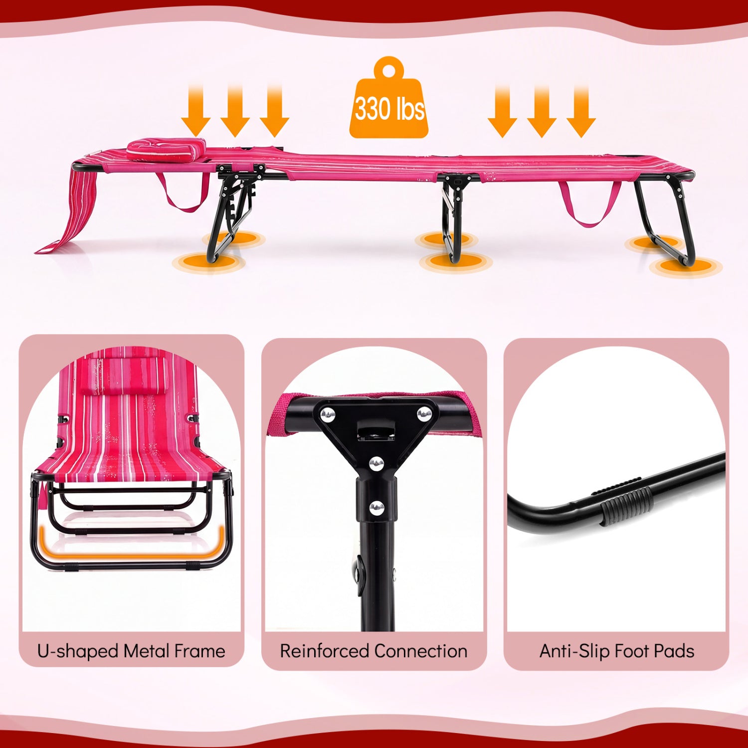 Folding Tanning Chair Set, Face Down With Hole, 3 Removable Pillows, Stripe, Pink Beach & Lawn Chairs at Gallery Canada