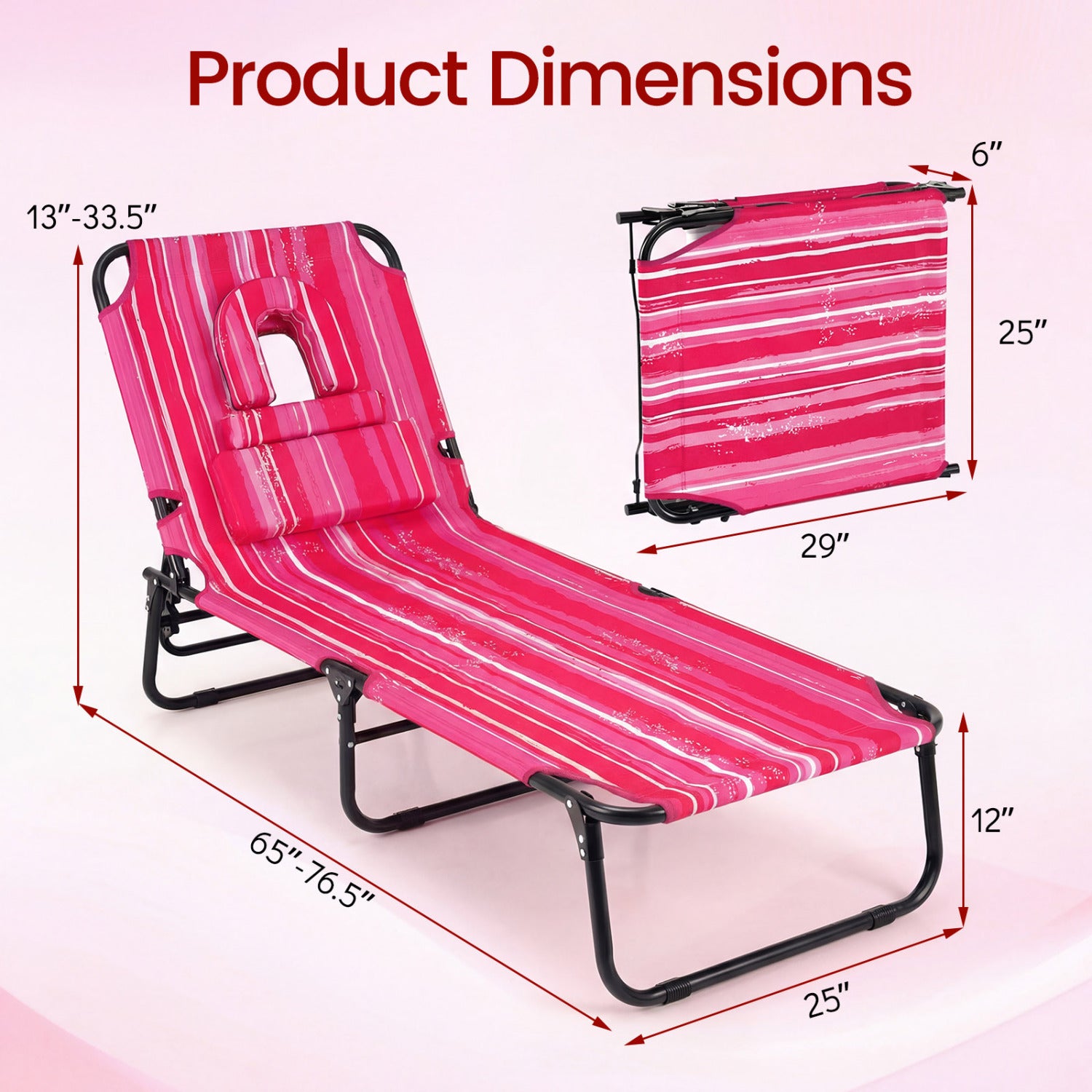Folding Tanning Chair Set, Face Down With Hole, 3 Removable Pillows, Stripe, Pink Beach & Lawn Chairs at Gallery Canada