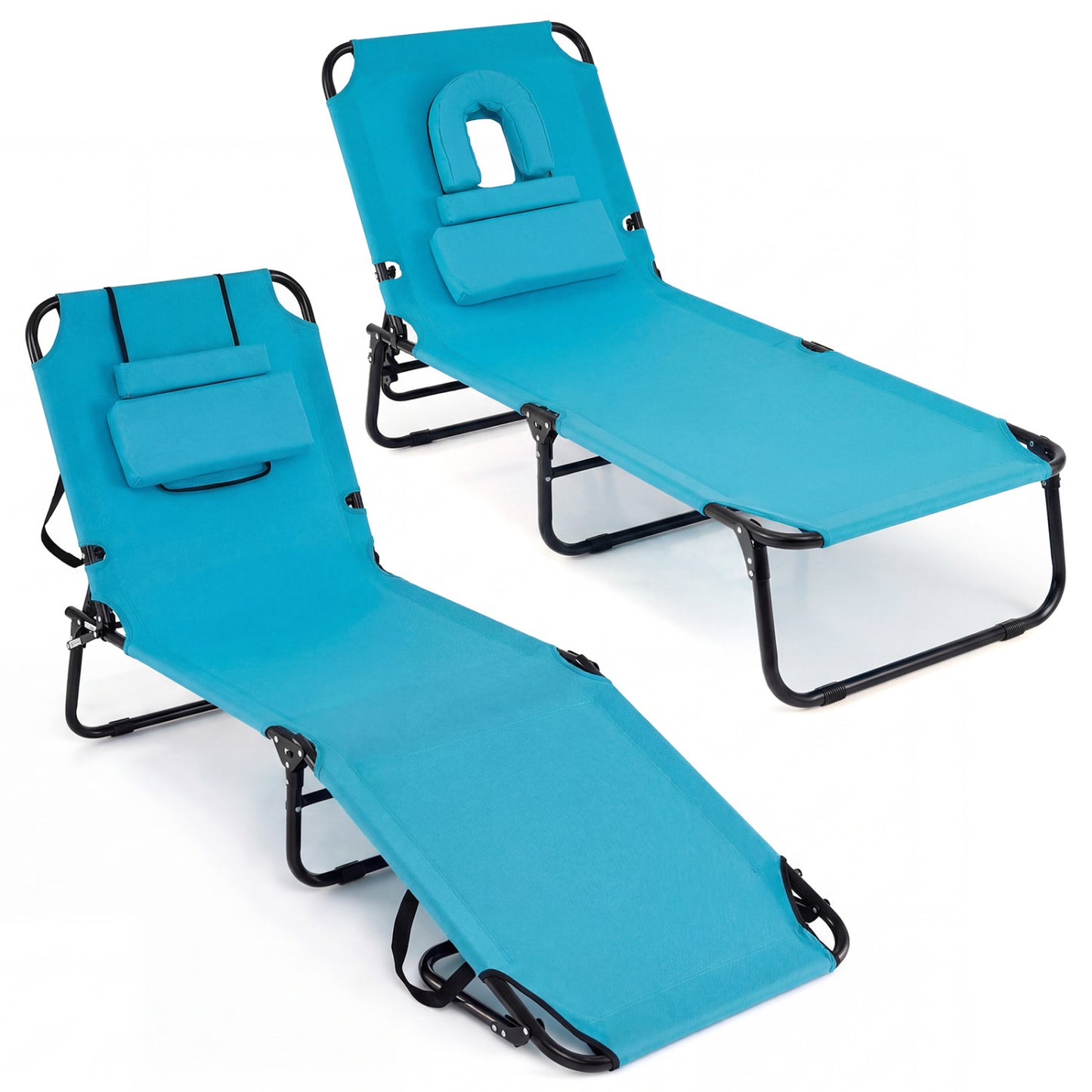 Folding Tanning Chair Set, 2 Pack, With Face Hole, 3 Pillows, Navy Beach & Lawn Chairs Navy at Gallery Canada