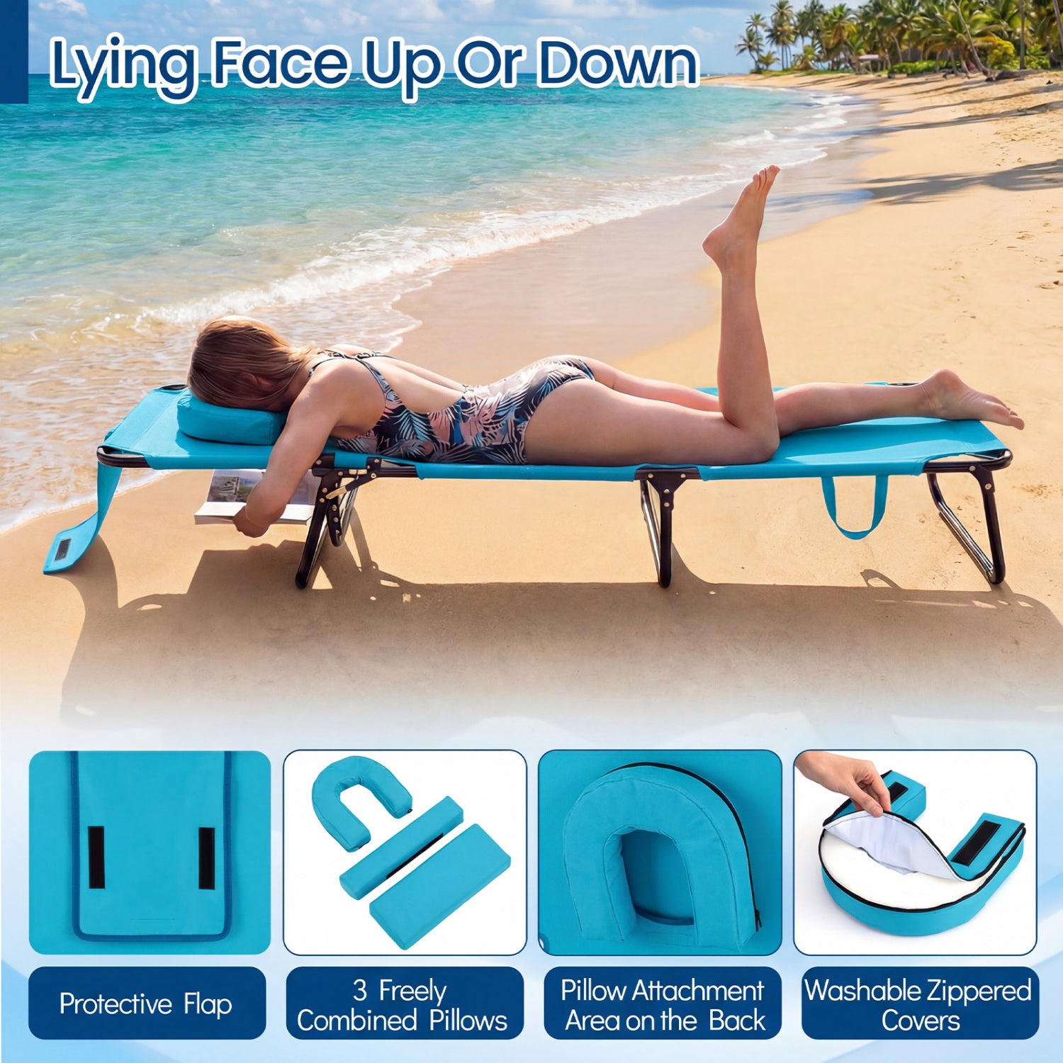Folding Tanning Chair Set, 2 Pack, With Face Hole, 3 Pillows, Navy Beach & Lawn Chairs at Gallery Canada