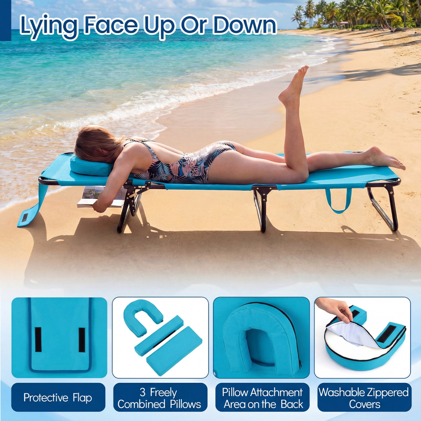 Folding Tanning Chair Set, 2 Pack, With Face Hole, 3 Pillows, Navy Beach & Lawn Chairs at Gallery Canada