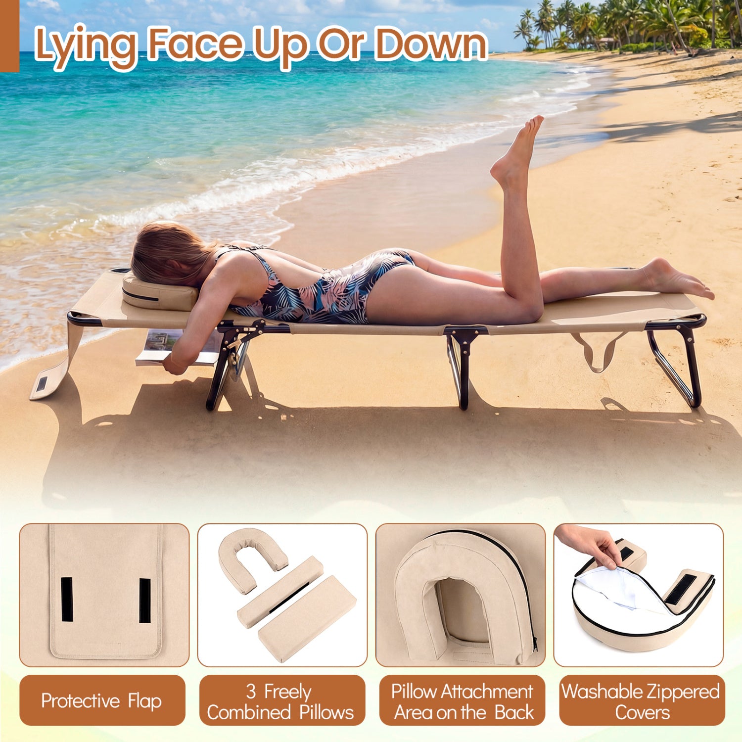 Folding Face Down Tanning Chair, 2 Pack, 3 Removable Pillows, Beige Beach & Lawn Chairs at Gallery Canada