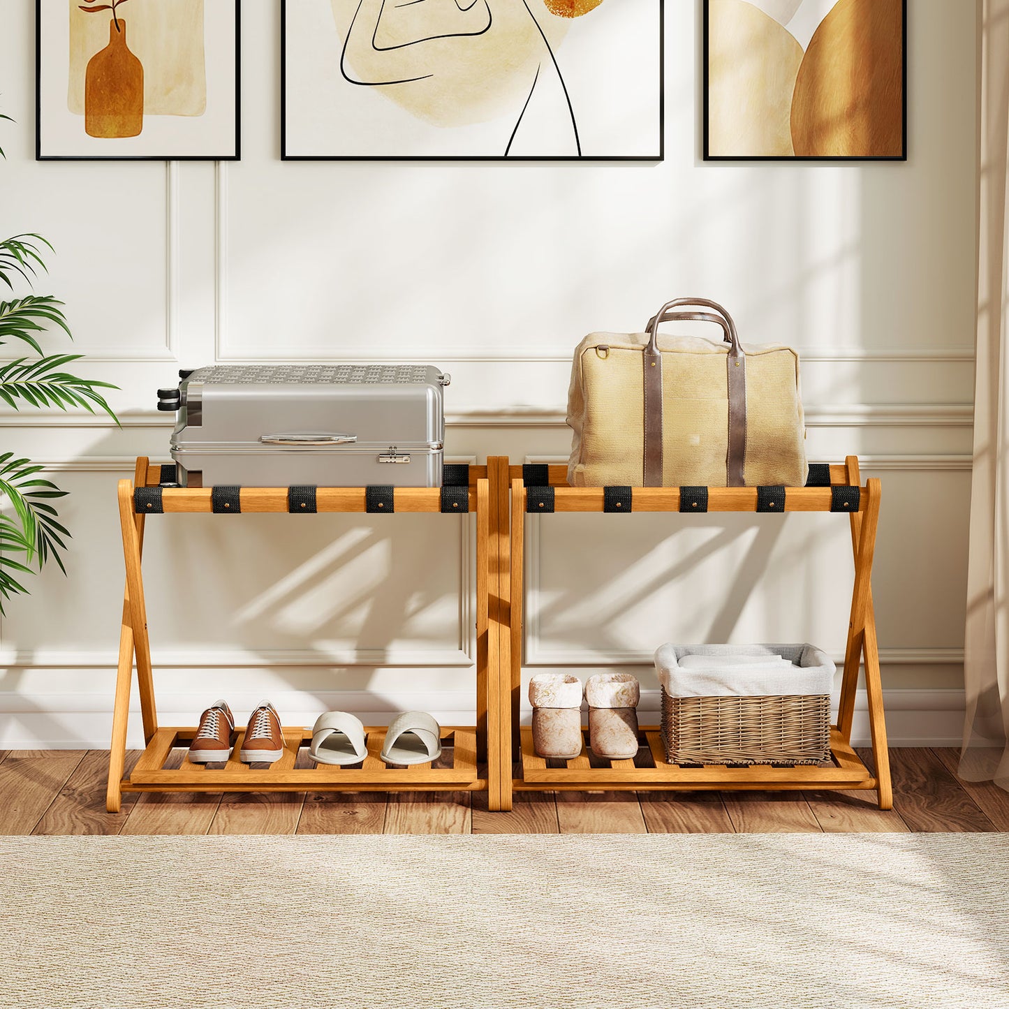 Set of 2 Folding Luggage Racks with 5 Nylon Straps and Slatted Storage Shelf, Natural Shoe Racks & Storage Benches at Gallery Canada